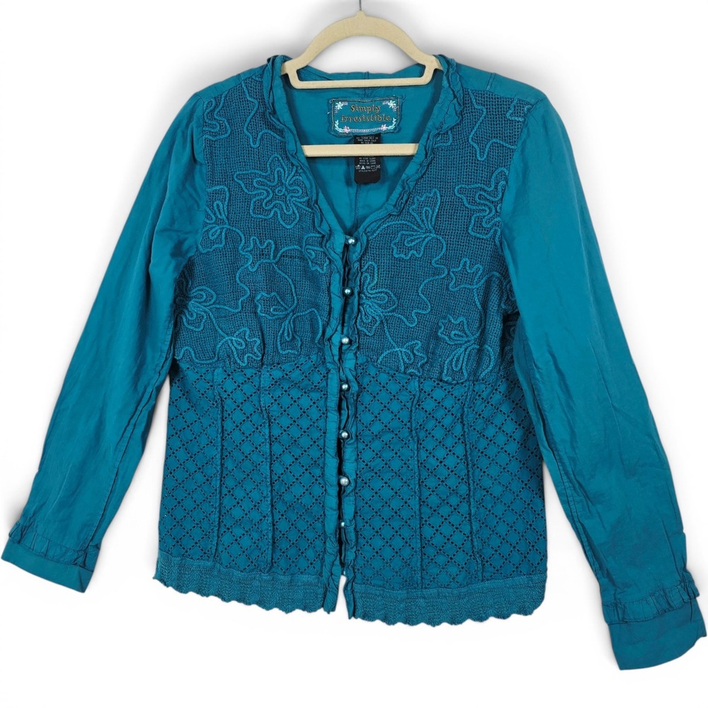 Simply Irresistible Teal Cotton Crochet Eyelet Lace Boho Blouse Womens Medium